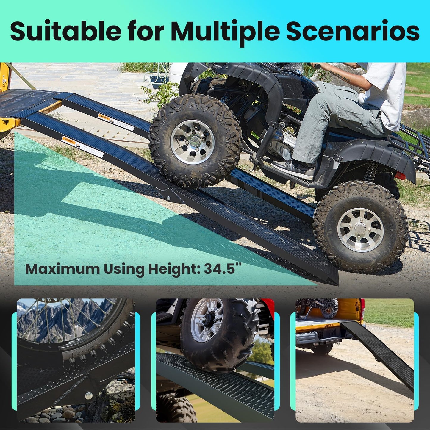 KOLOTOOL 7.5FT Aluminum Truck Ramps, 1500lbs Capacity Folding Loading Ramps, 2 PCS Heavy Duty ATV Ramps for Pickup Trucks, Trailers, Mowers, UTV & Motorcycles, with Load Straps and Carry Handle