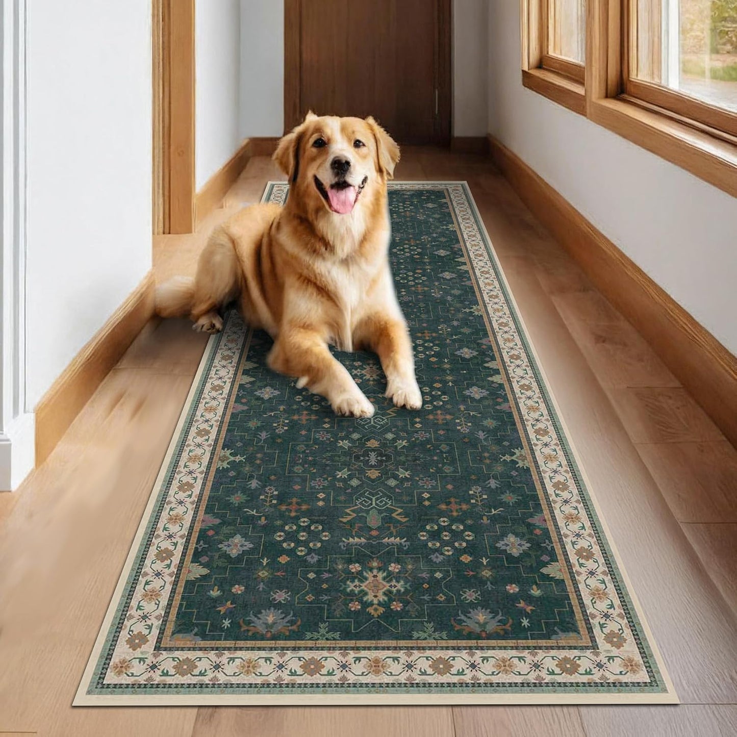 Regine Switzerland Dark Green Washable Kitchen Runner Rug - Non-Slip Rubber Backing | 2'6"x8' Stain Resistant