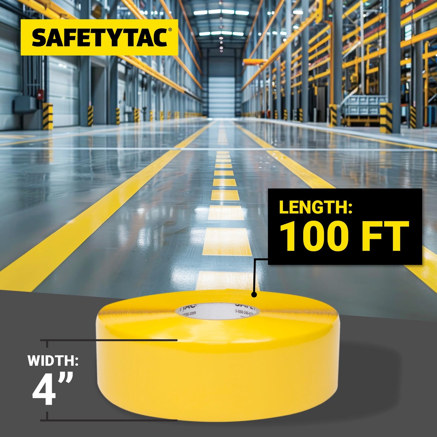 SafetyTac Industrial Floor Marking Tape – Heavy Duty Warehouse Floor Tape for Aisles, Walkways & Safety Zones – Forklift-Safe Adhesive Floor Tape - Yellow, 4in x 100ft