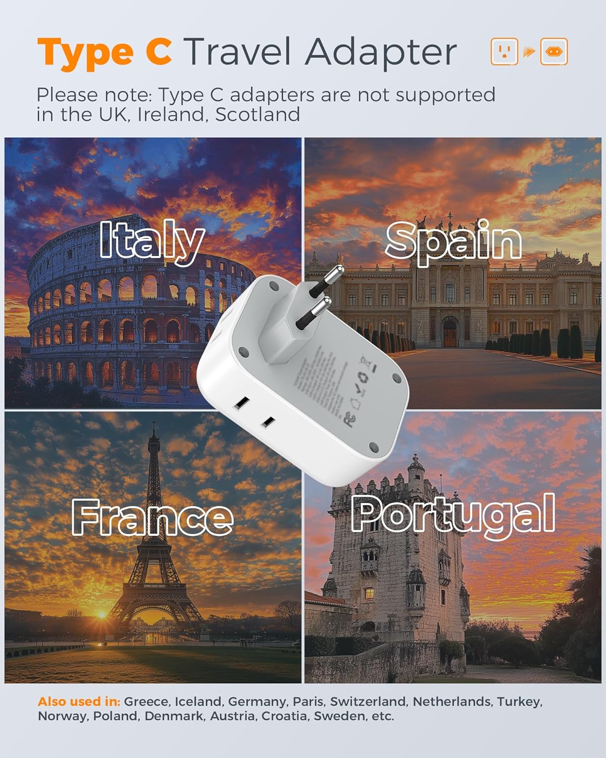 TESSAN 2 Pack 4 3 European Plug Adapter USB C, US to Europe Adapter Outlets USB Charger, Type C International Power