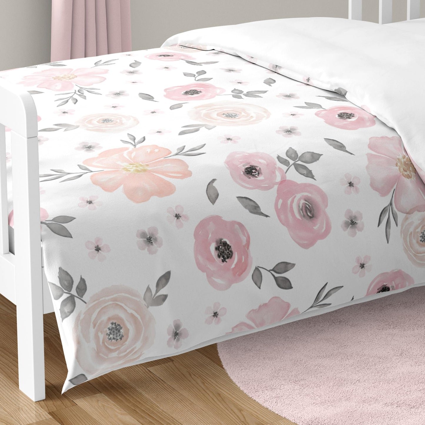 Sweet Jojo Designs 5-Piece Toddler Bedding Set (Pink/Grey Boho Floral) for Girls, Kids incl. Bed in a Bag Comforter, Blanket, Pillowcase, Sham & Sheets (Watercolor, Elegant Rose, Farmhouse, Nature)