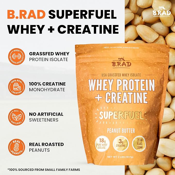 B.rad Superfuel - Grass Fed Whey Protein Isolate Boosted with Creatine | Farm-Fresh, Easy-to-Digest, Clean Ingredients | 2 Pounds | 100% USA Sourced | Peanut Butter