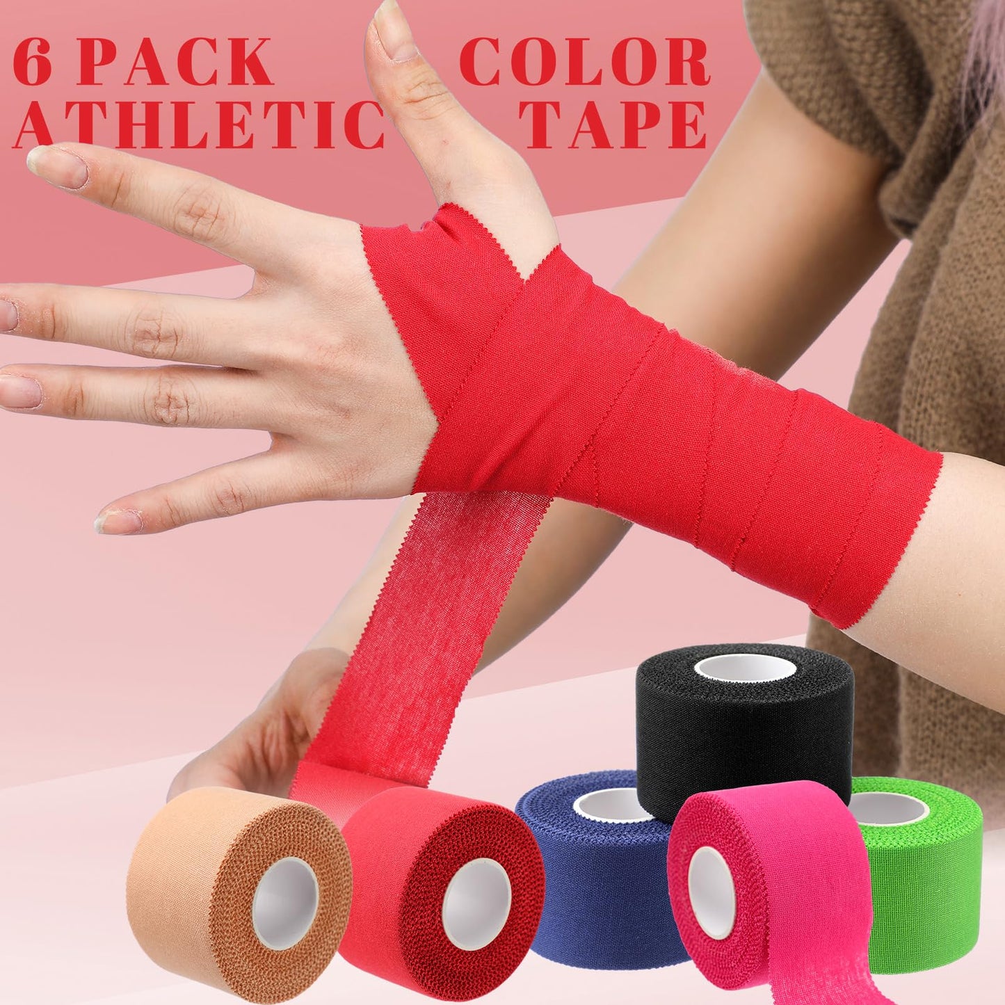Geiserailie 6 Rolls Athletic Tape Sports Pre Wrap Wrist Tape No Sticky Residue Athletes for Athletic Trainers Ankles Wrists Hands Knees Elbows,1.5 Inch x 10 Yards(Multi Color)
