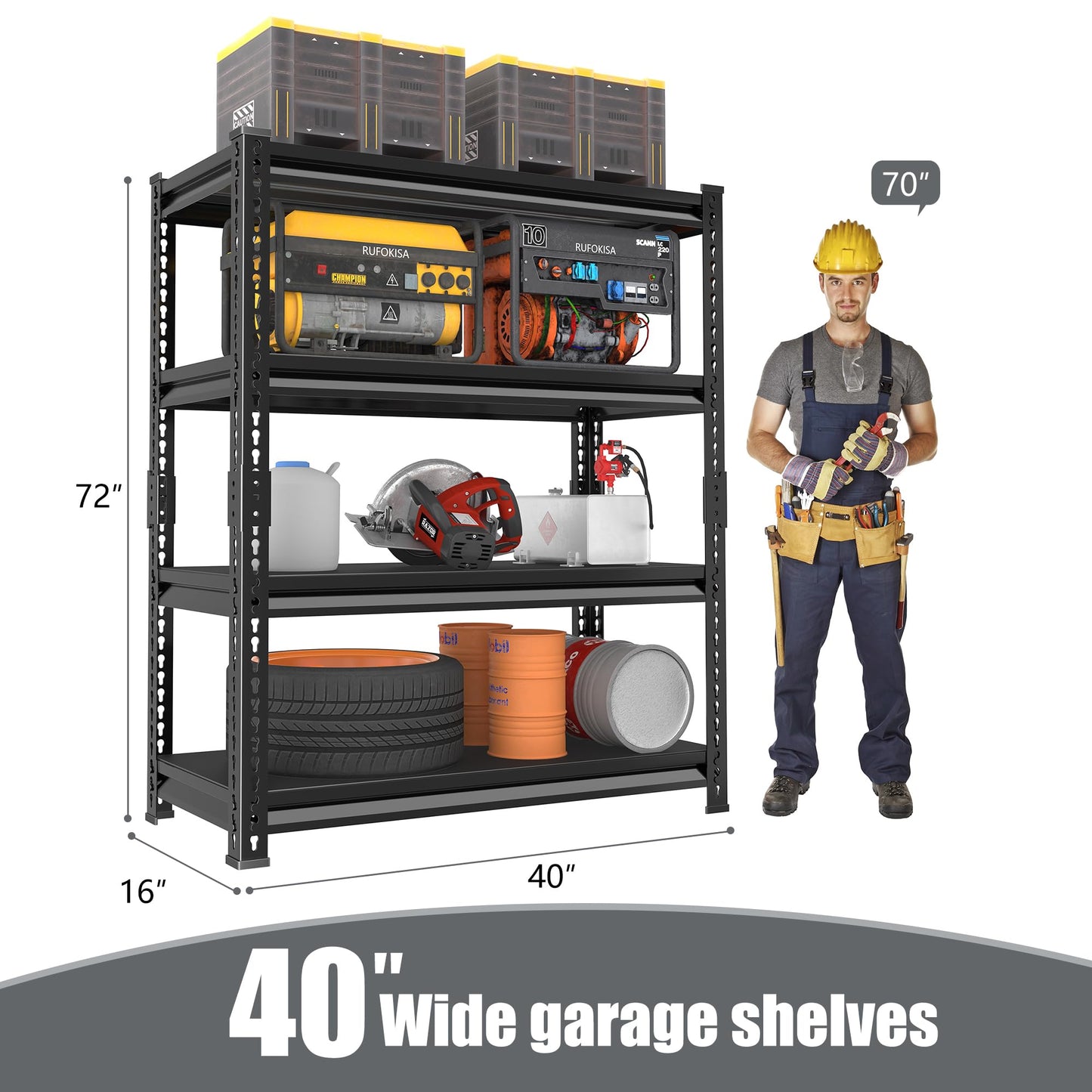 Rufokisa 40" W Garage Shelving Heavy Duty，1800LBS Loads Metal Shelving Units and Storage,4-Tier Garage Storage Shelves Heavy Duty, Industrial Utility Shelves,40”W x 16”D x 72”H(Black)