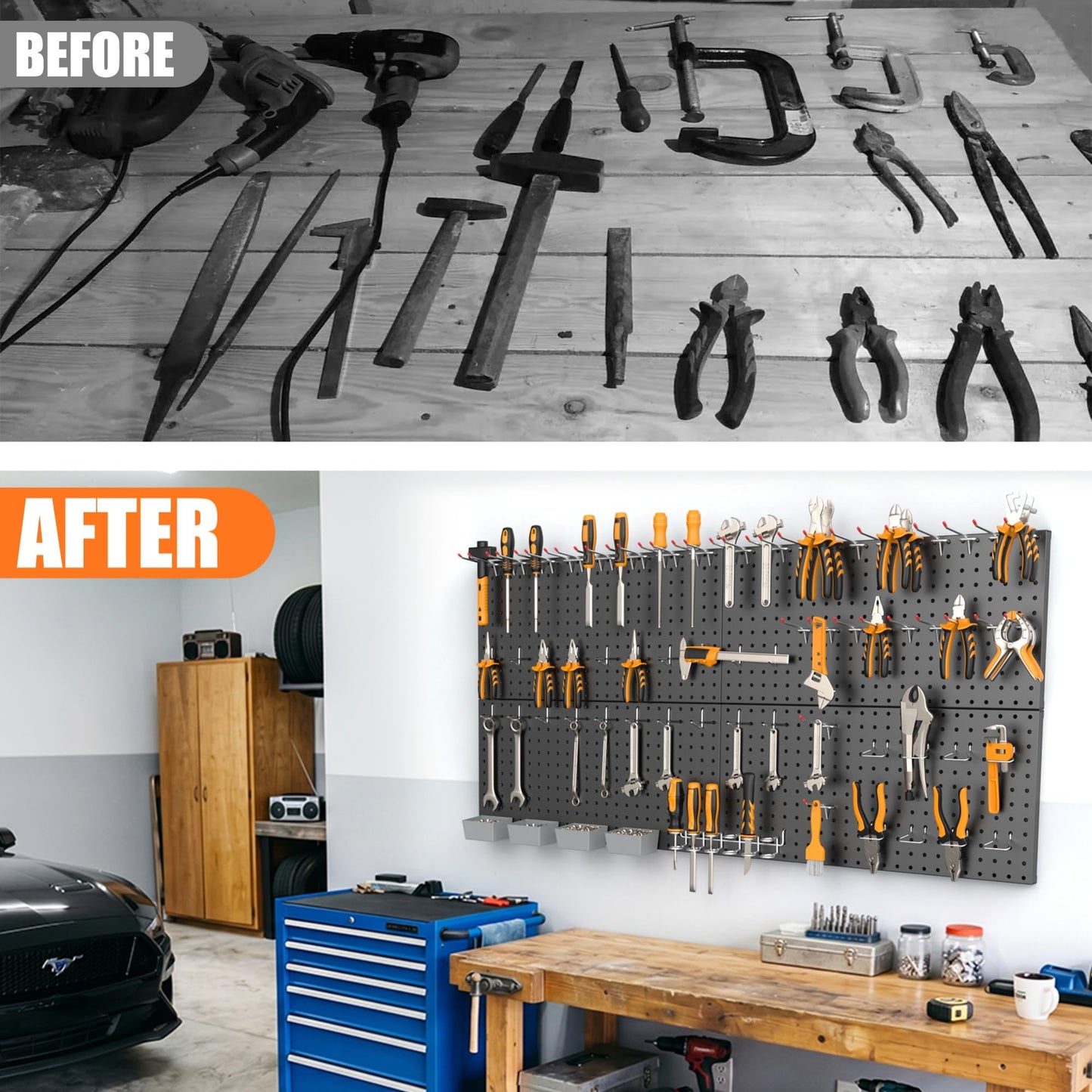 TORACK Garage Tools Organizer Boards Kit with Hooks, Modular Wall-Mounted Tool Storage Pegboard for Workbench(Black, 4 Panels with Hooks)