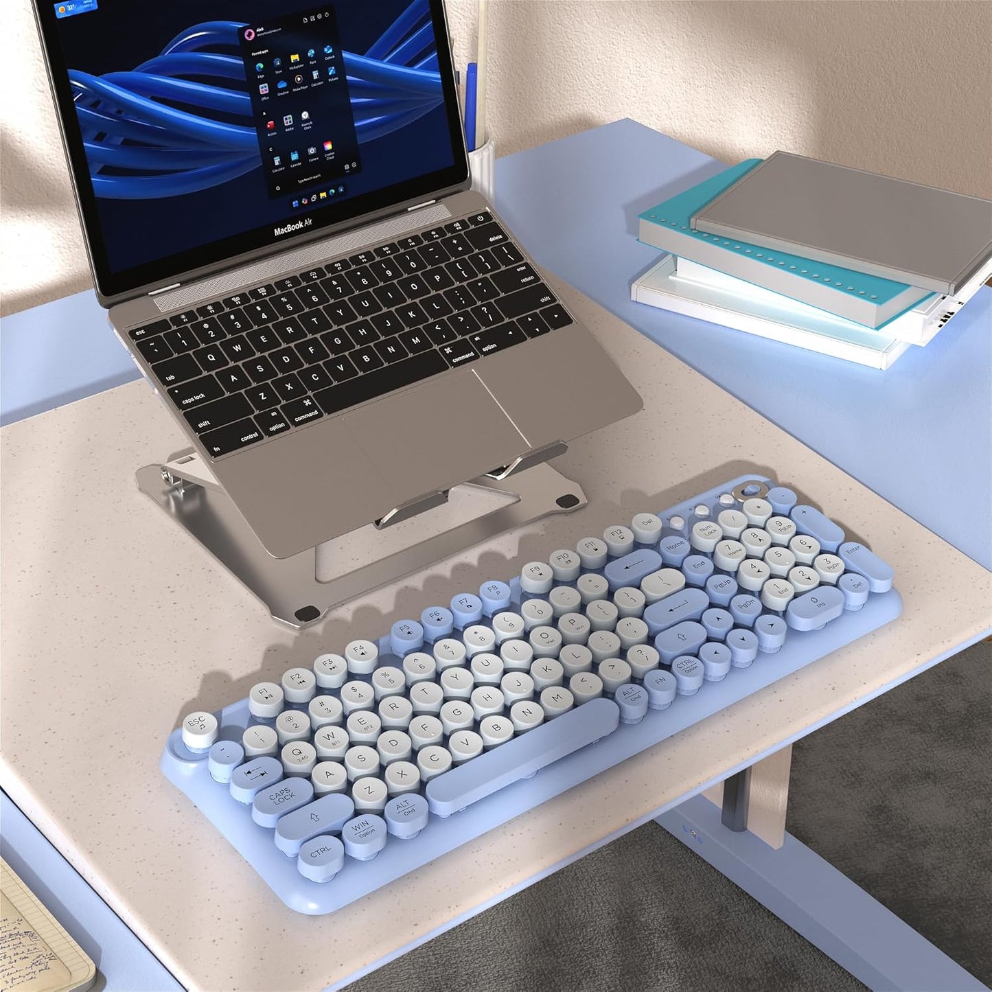 COVEVA 2.4GHz Wireless Bluetooth Keyboard - Full Size Retro Round Typewriter Style Wireless Keyboard with & Bluetooth