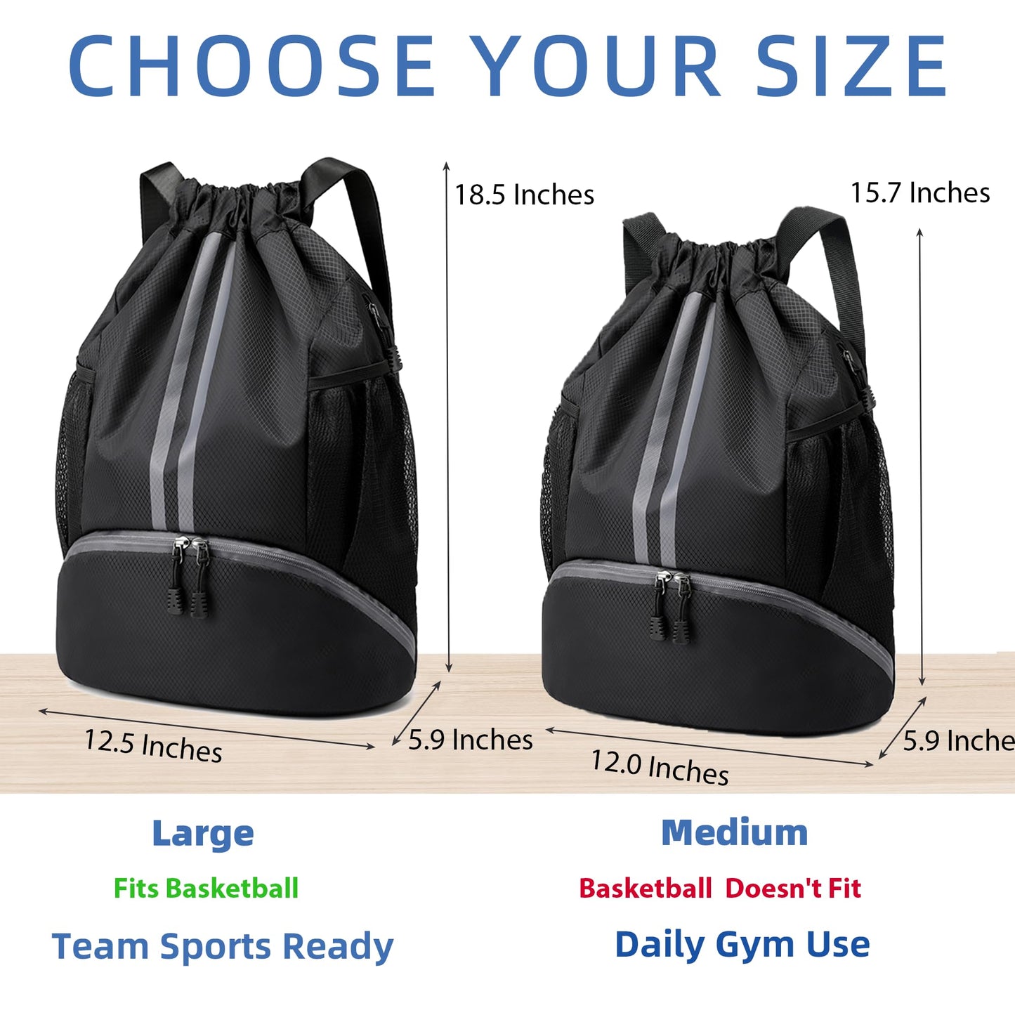 JELUTAR Drawstring Backpack Gym Bag with Shoes Compartment for Soccer, Basketball, Swim, Water-Resistant String Backpack Beach Cinch for Women Men