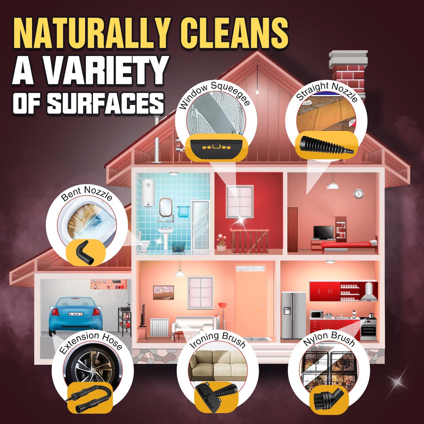 STEAMIFY Pressurized Handheld Steam Cleaner for Home, Multi-Surface Steamer with 12 Accessories, 12.8oz Natural Steamer for Cleaning Car, Bathroom, Shower, Upholstery, Grout, Window, Grease