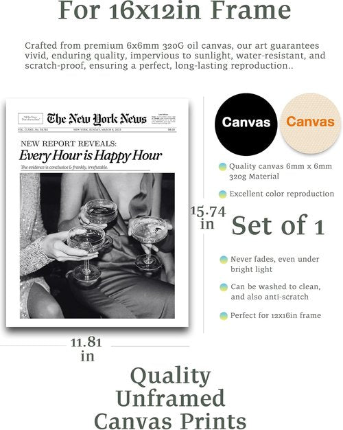 iHery Black Wall Art Print - Trendy Happy Hour New York Design | 12x16in Unframed Canvas for Home Décor
