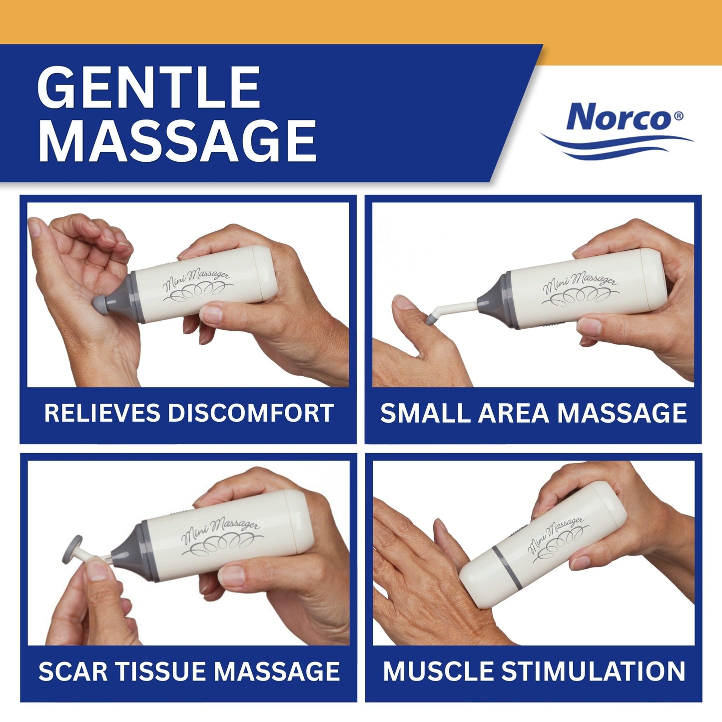 Norco Mini Massager – Portable Massage Gun for Scar Tissue Break Up, Massage, Hand, Finger, and Muscle Relief with 3 Silicone Attachments | NC70209
