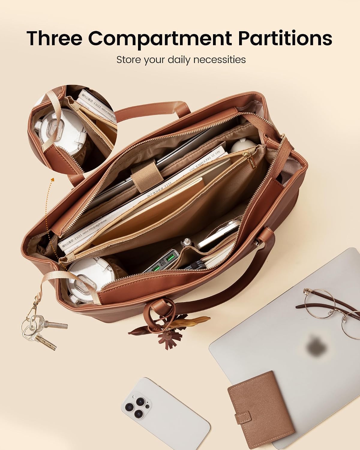LOVEVOOK Laptop Tote Bag for Women, Work Tote Gift with Zipper, Leather Laptop Bag with Computer Compartment