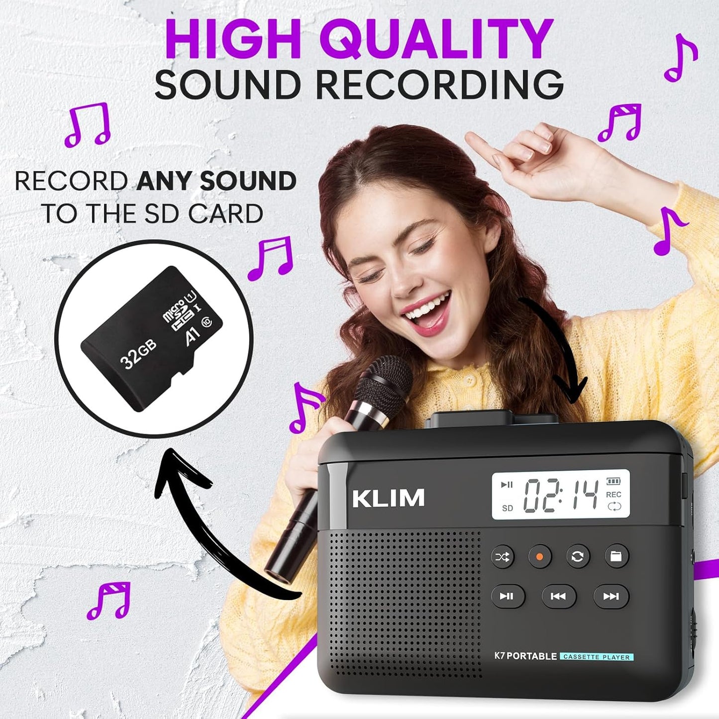 K7 Cassette Cassette MP3 Cassette 32GB KLIM Tape Player + to Converter + Portable Player + Built-in Microphone