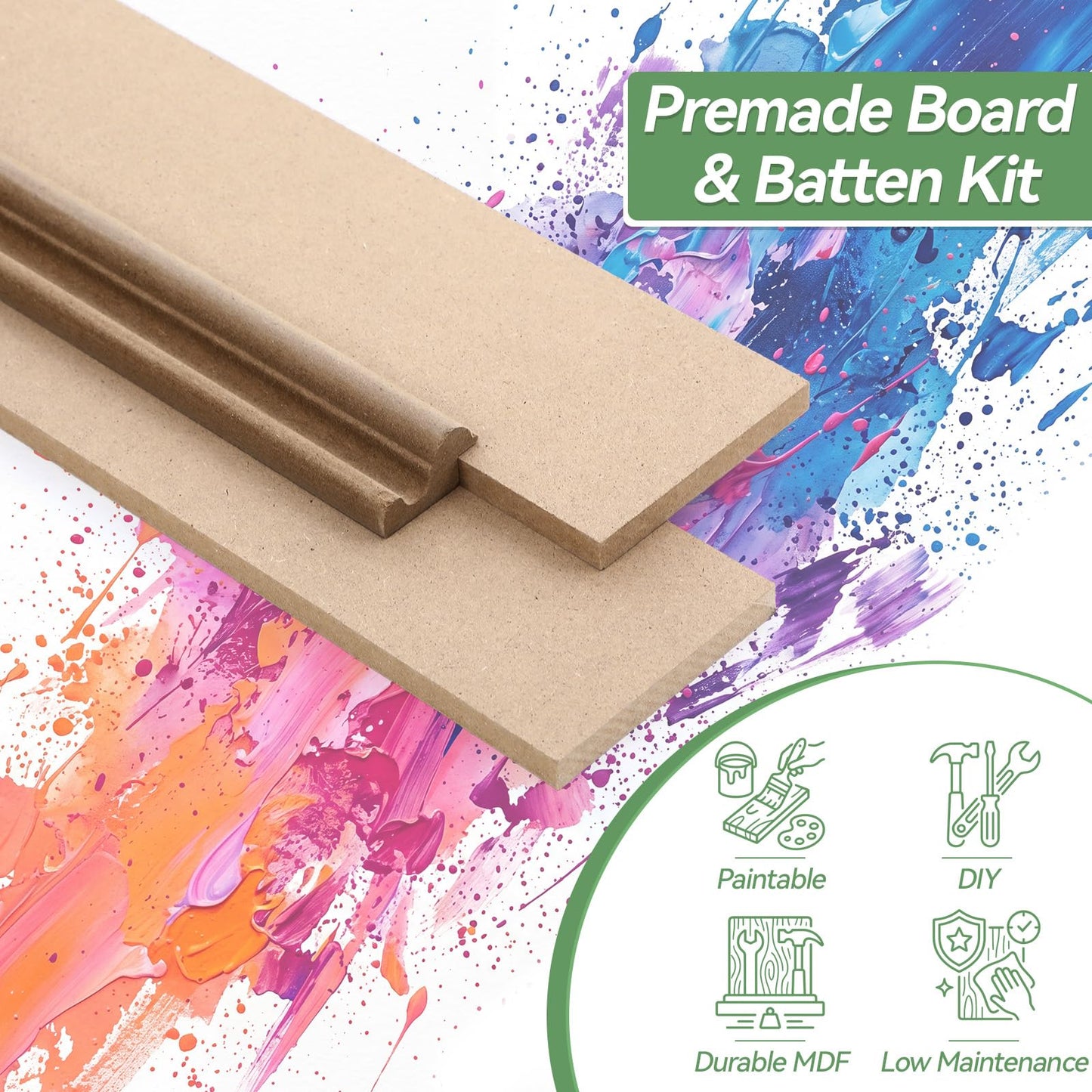 Maasechs 24 Pcs Mdf Board and Batten Wall Panel Kits, 160'' L x 47'' W Premade Wainscoting Panels Decorative Wall Molding Trim Slats Paintable Accent Kit for DIY Kitchen Home Bedroom Living Room Decor