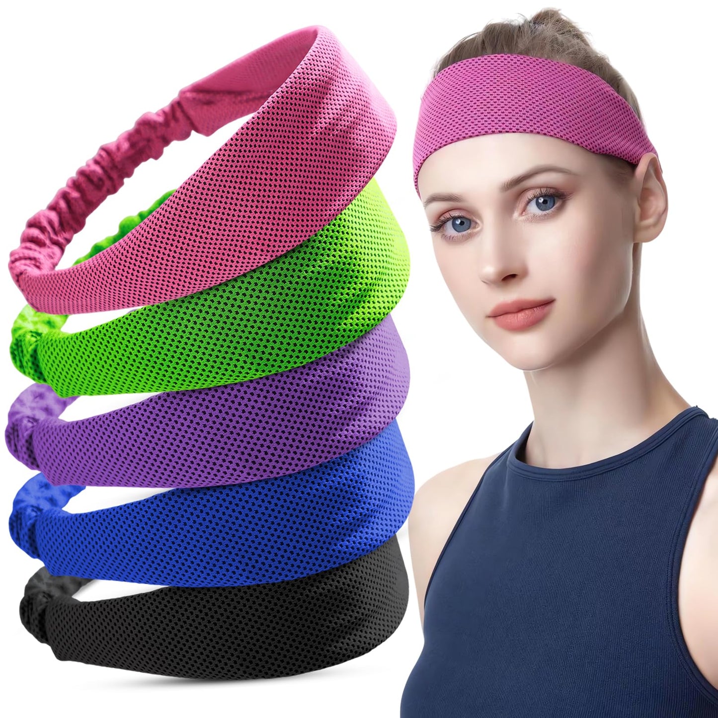 5PCS Cooling Headbands, Stretchy Cooling Sweatbands, Moisture-Wicking Sports Headbands for Women and Men Workout, Yoga, Running, Biking