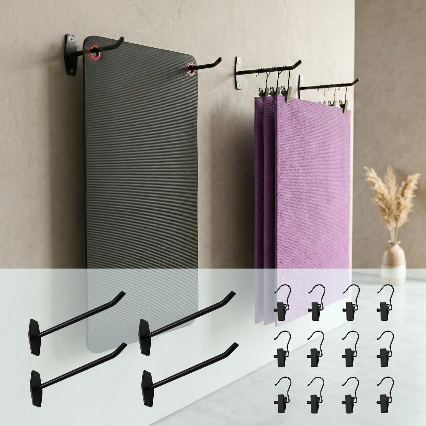 Yoga Mat Holder Wall Mount: 4 Pack Heavy Duty Metal Hooks & 12 PCS Clips for Yoga Mat (<5.5 lbs), Eyelet Mats, Foam Rollers & Gym Equipment Storage - Hanging Exercise Mat Rack & Organizer for Fitness Workout