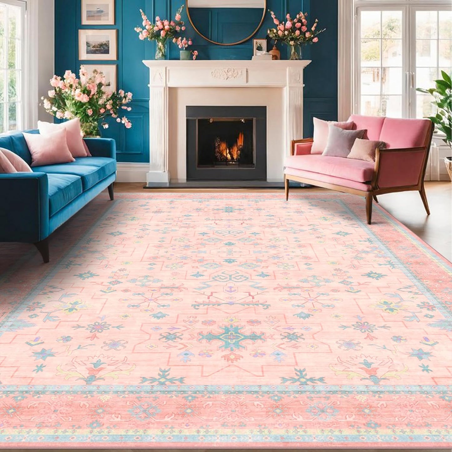 Oushak Rugs | Washable 8x10 Pink and Blue Floral Design | Soft Faux Wool, Non-Slip, Stain Resistant for Bedroom & Living Room