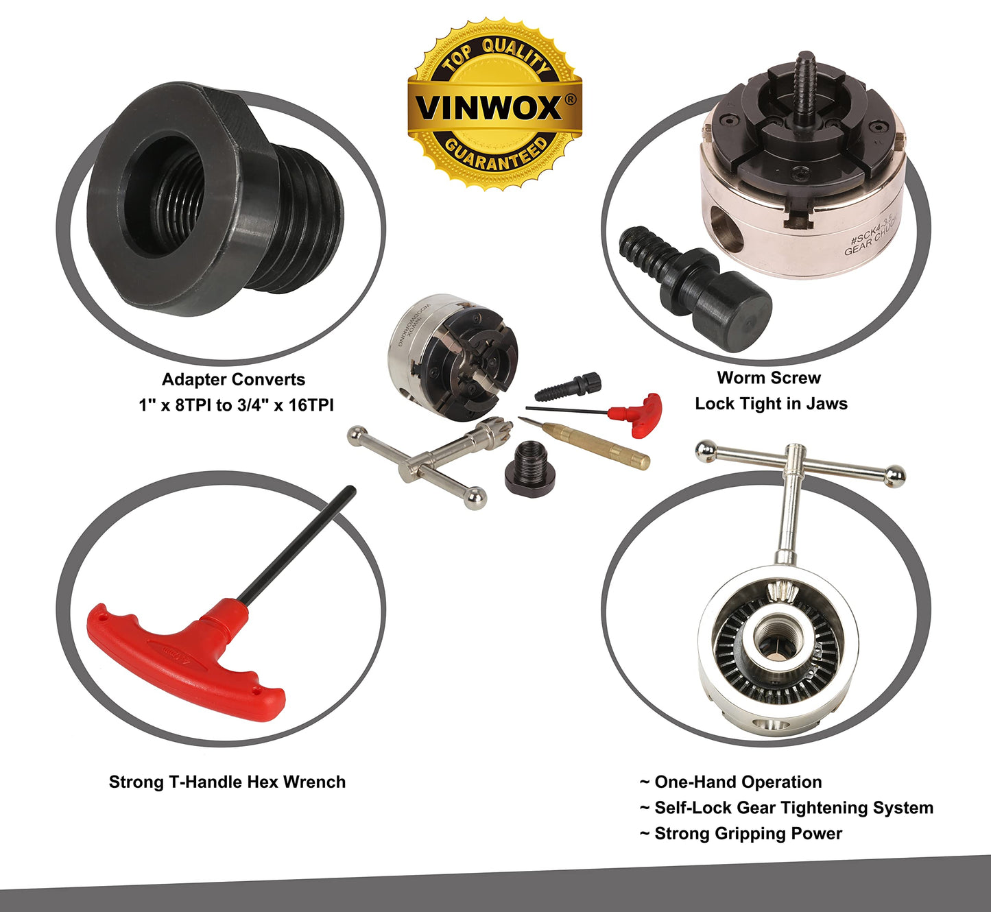 VINWOX 3-3/4INCH 4-Jaw Self-Centering Wood Lathe Chuck, 2" Round Jaw Mounted, 1"x8TPI thread & 3/4"x16TPI Adapter, Tightening Key, T Allen Wrench, Screw Chuck, SCK4-3.75, Nickle electric Coating Body