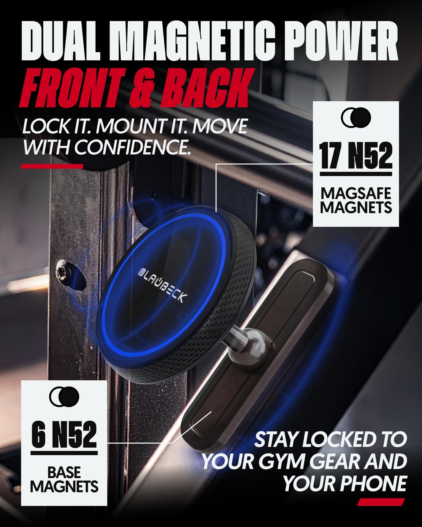 Magnetic Gym Phone Mount for MagSafe Accessories – Dual Magnet Stand for iPhone 17 and Android compatible with MagSafe Phone Stand with Alloy Base – Gym Essentials for Workouts Recording, Home, Garage