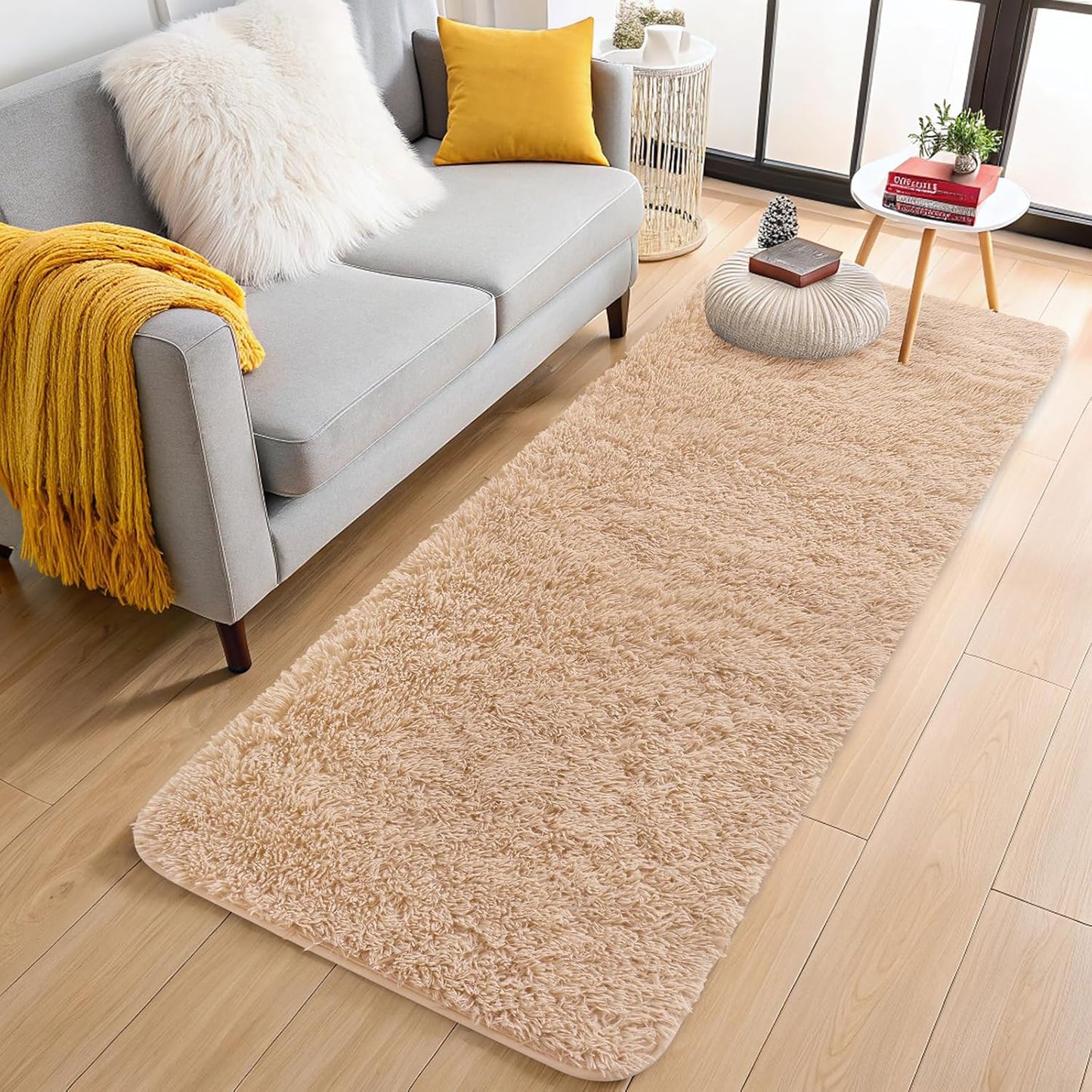 OLANLY Machine Washable 2x8 Runner Rug - Soft Fluffy Shaggy Design for Bedroom & Hallway | Beige Indoor Carpet