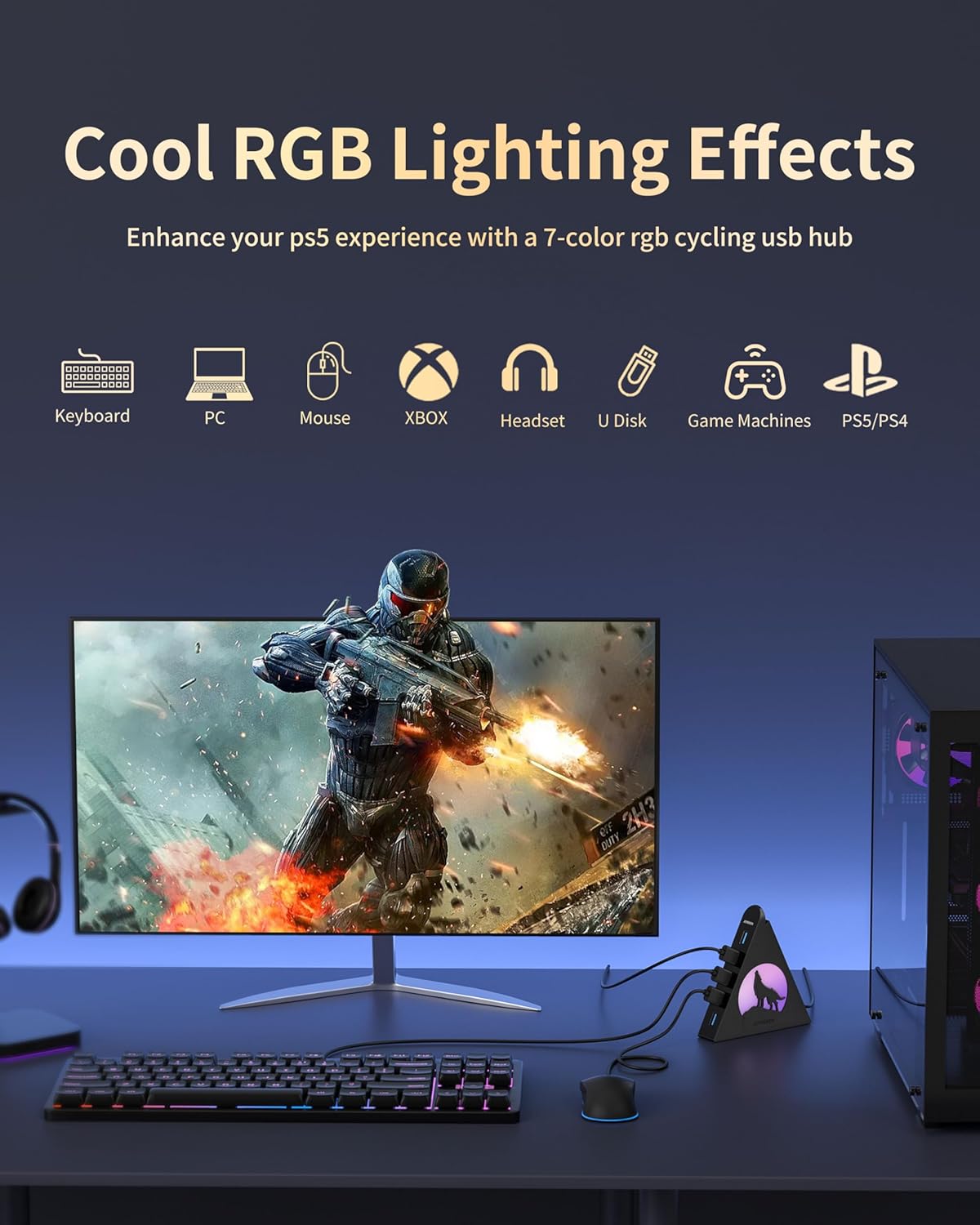 JoyReken 7-Port 3.0 Lighting,5Gbps 2FT PS5, USB Hub, Vertical USB Hub Splitter with RGB High-Speed Data Transfer