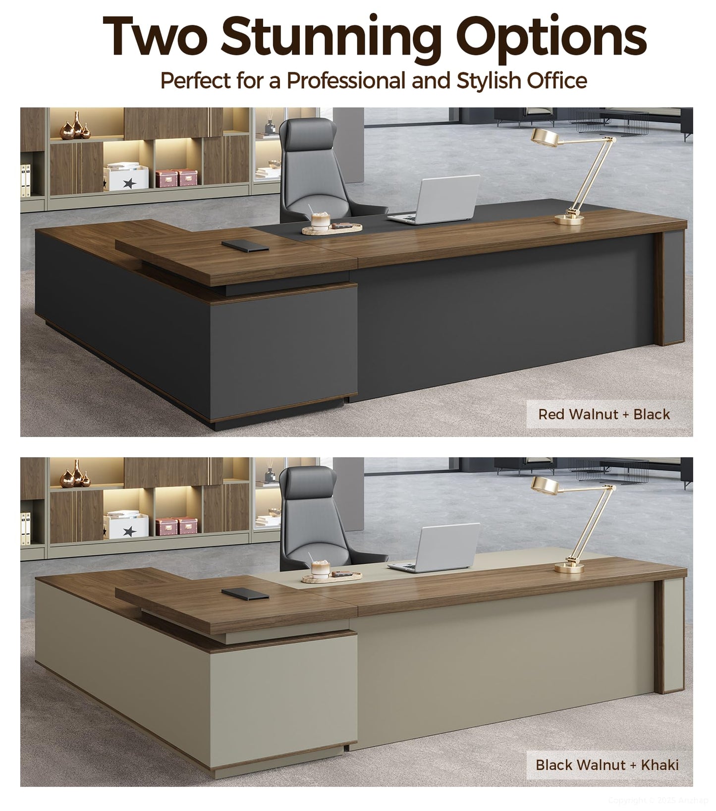 Anzhap 95" L-Shaped Executive Desk with Reversible Cabinets – Large Luxury Office Desk with Drawers, Open Storage Shelves, Built-in Power Outlets & LED Lighting for Home or Business