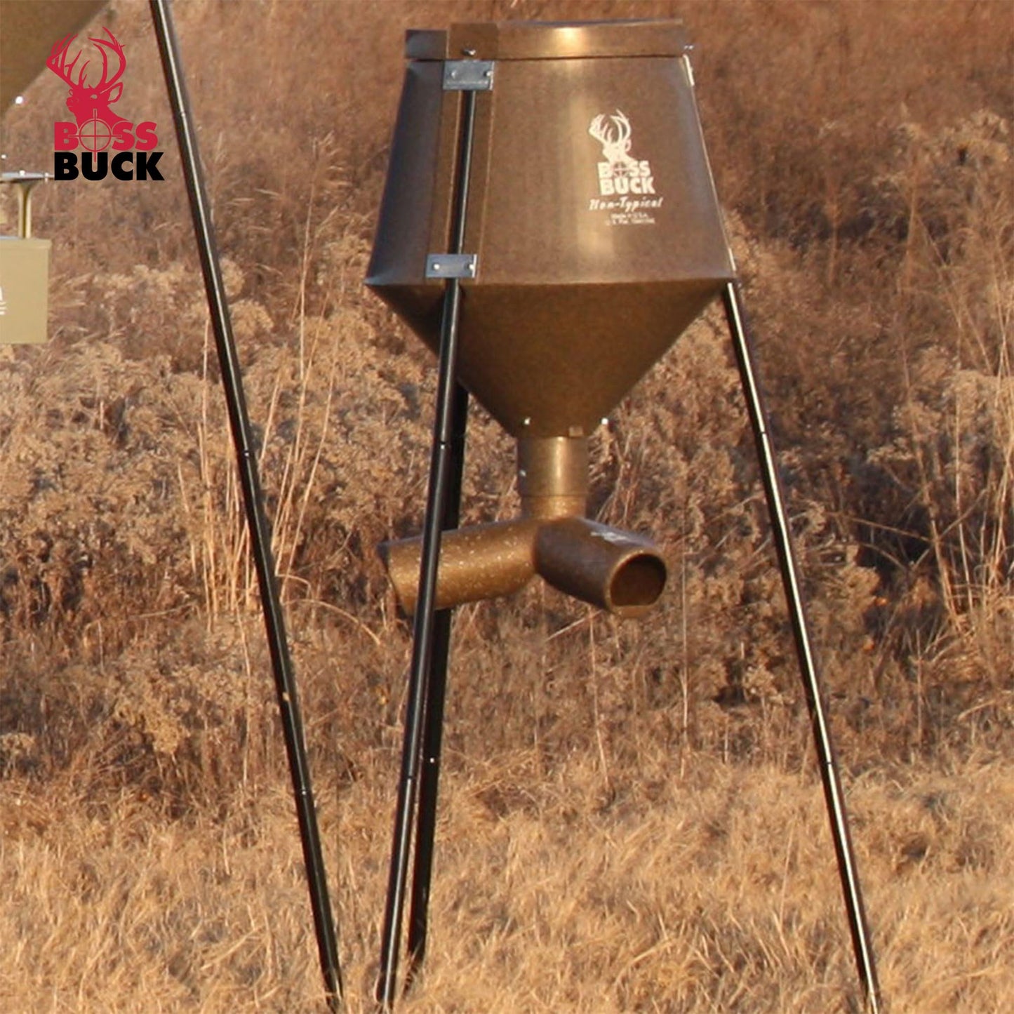 Boss Buck Gravity Deer Feeder for Game & Hunting w/Adjustable Flow, 200 lb Corn Capacity - All-Season Automatic Wildlife Feeding System with 75-Inch Galvanized Legs and 3-Way Feed Ports