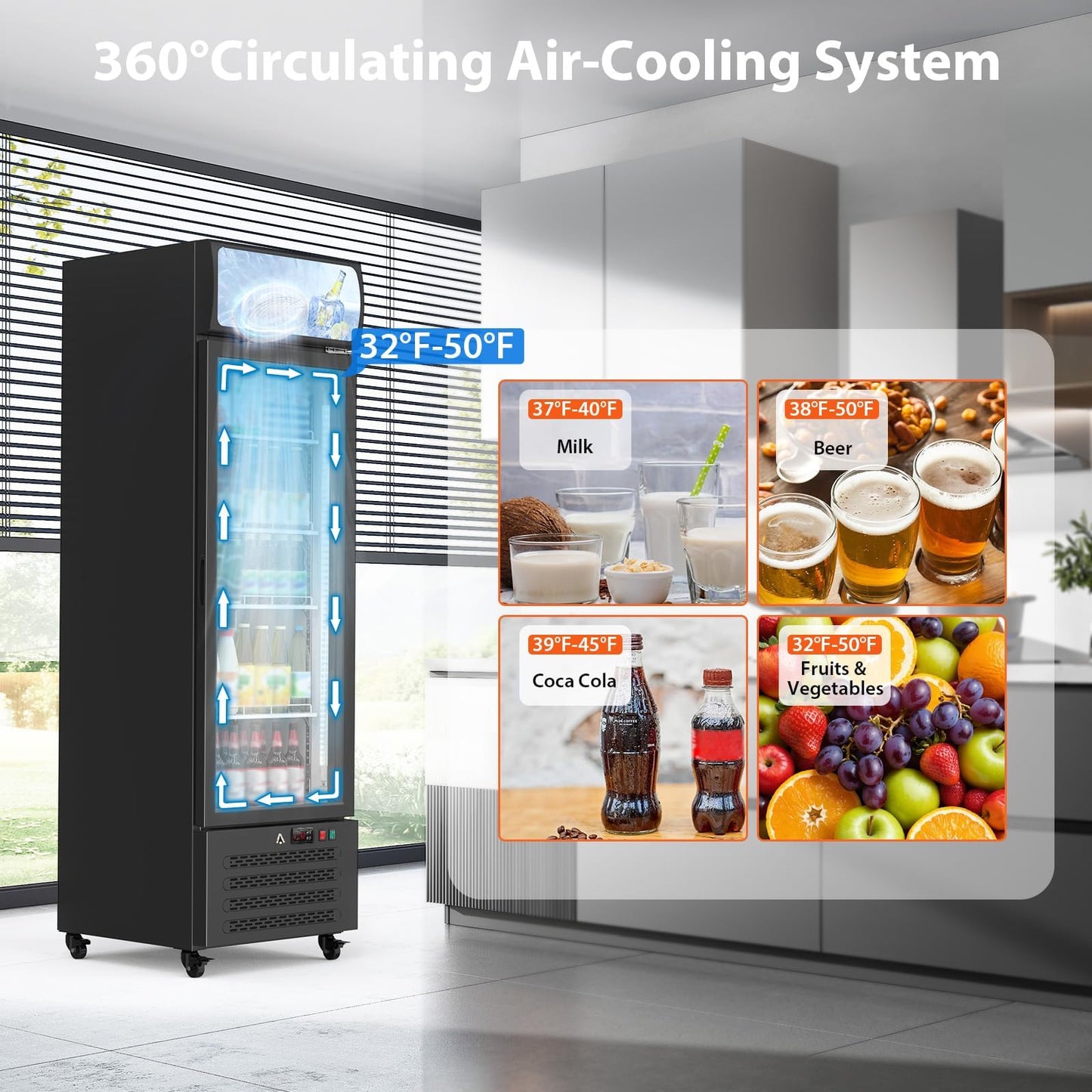 PeacefulHues 13.4 Cu.Ft Commercial Display Refrigerator,Glass Door Beverage Cooler with Adjustable Shelves,LED Lighting & Advertising Panel, Mobile Design