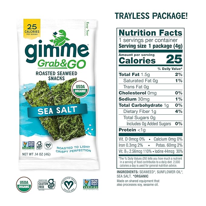 Gimme Seaweed Grab & Go Organic Premium Roasted Seaweed Snacks, Sea Salt, 5 Count Trayless, Keto, Vegan, Gluten-Free, Great Source of Omega3s and Iodine, Healthy On-The-Go Snack for Kids and Adults
