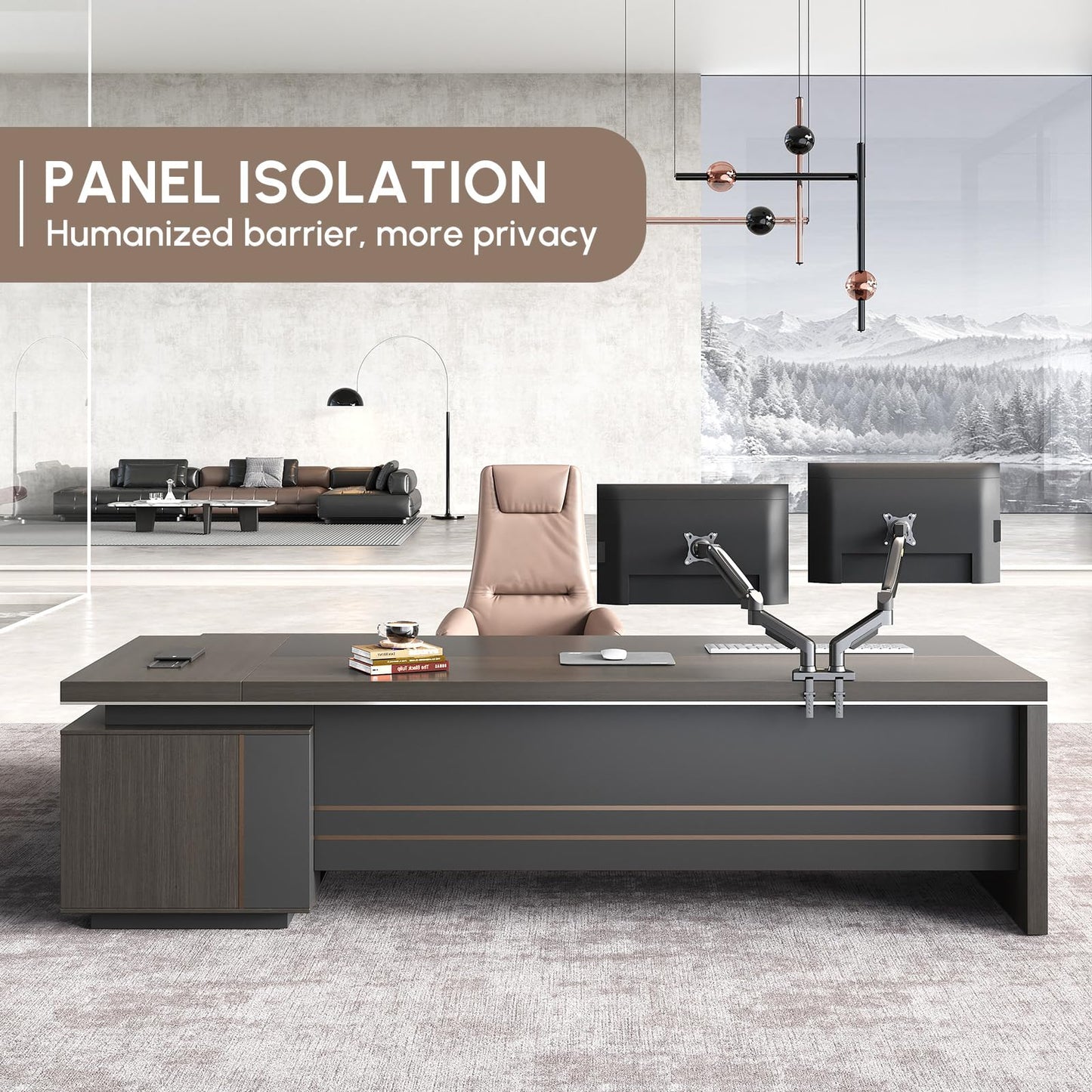 ZIMASYA Reversible L-Shaped Executive Desk with Drawers, Storage Cabinet, Built-in Power Hub & Privacy Panel, Obsidian Grey & Mocha Walnut (79" L * 65" W * 30" H)