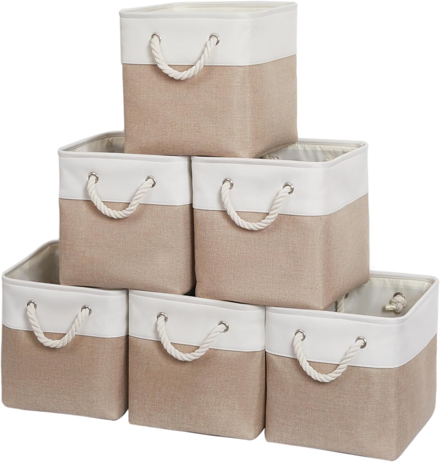 Skiennix 11 x 11 Inch Storage Cubes - 6 Pack Large Collapsible Fabric Bins for Home & Office | White & Beige