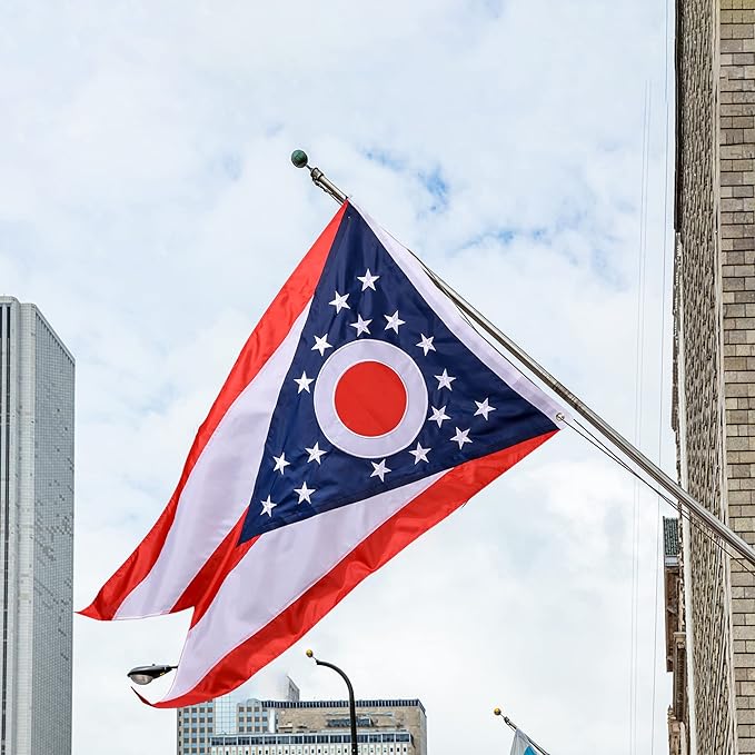 Ohio State Flag 6x10 Ft, Deluxe Full Embroidered Heavy Duty 100% Polyester Durable OH Outside Flags, Indoor/Outdoor, Sewn Stripes and Brass Grommets