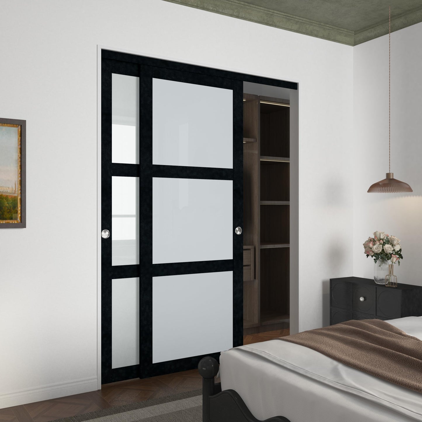 BARNSMITH 60x80" Sliding Closet Door, 3-Panels Preassembled Frosted Glass Door Panel with Hardware Kits & Matching Fascia, MDF Covered with Water-Proof & Anti-Scratch PVC Surface, Black