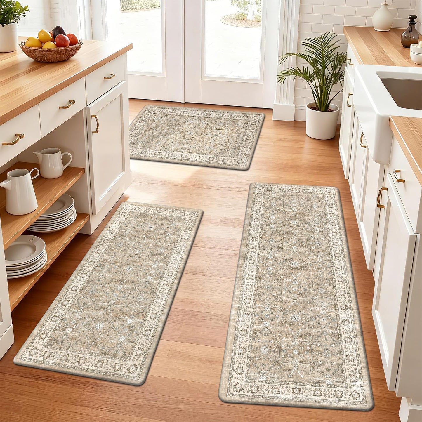 Pauwer Anti Fatigue Kitchen Floor Mats Set of 3, PVC Foam Padded Kitchen Rugs, Non Slip Cushioned Comfort Standing Mat, Waterproof Sink Rug for Small Kitchen Area, Laundry Room, Light Brown