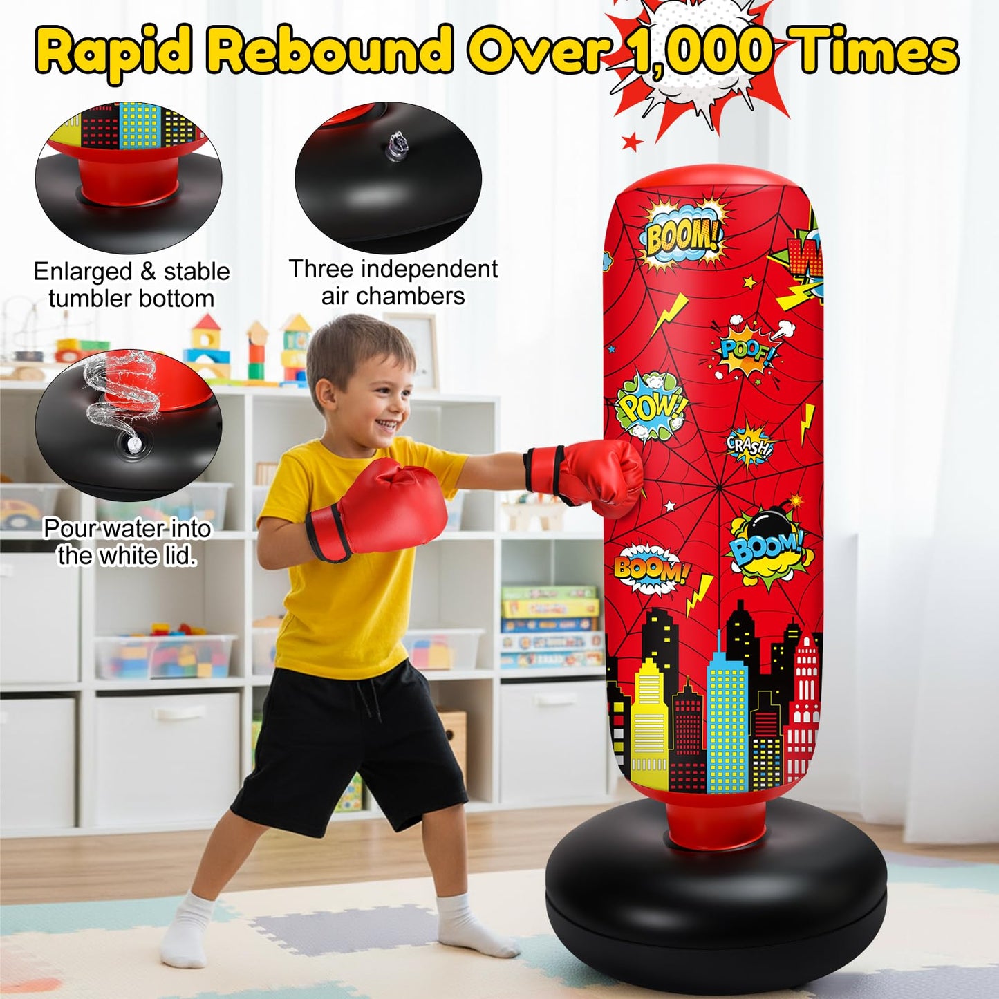 Jenaai 3 in 1 Inflatable Punching Bag for Kids 40" Boxing Kit with Gloves Air Pump Freestanding Punching Bag for Daily Exercise Karate Taekwondo, Birthday Easter Gift for Kids(Spiderweb)