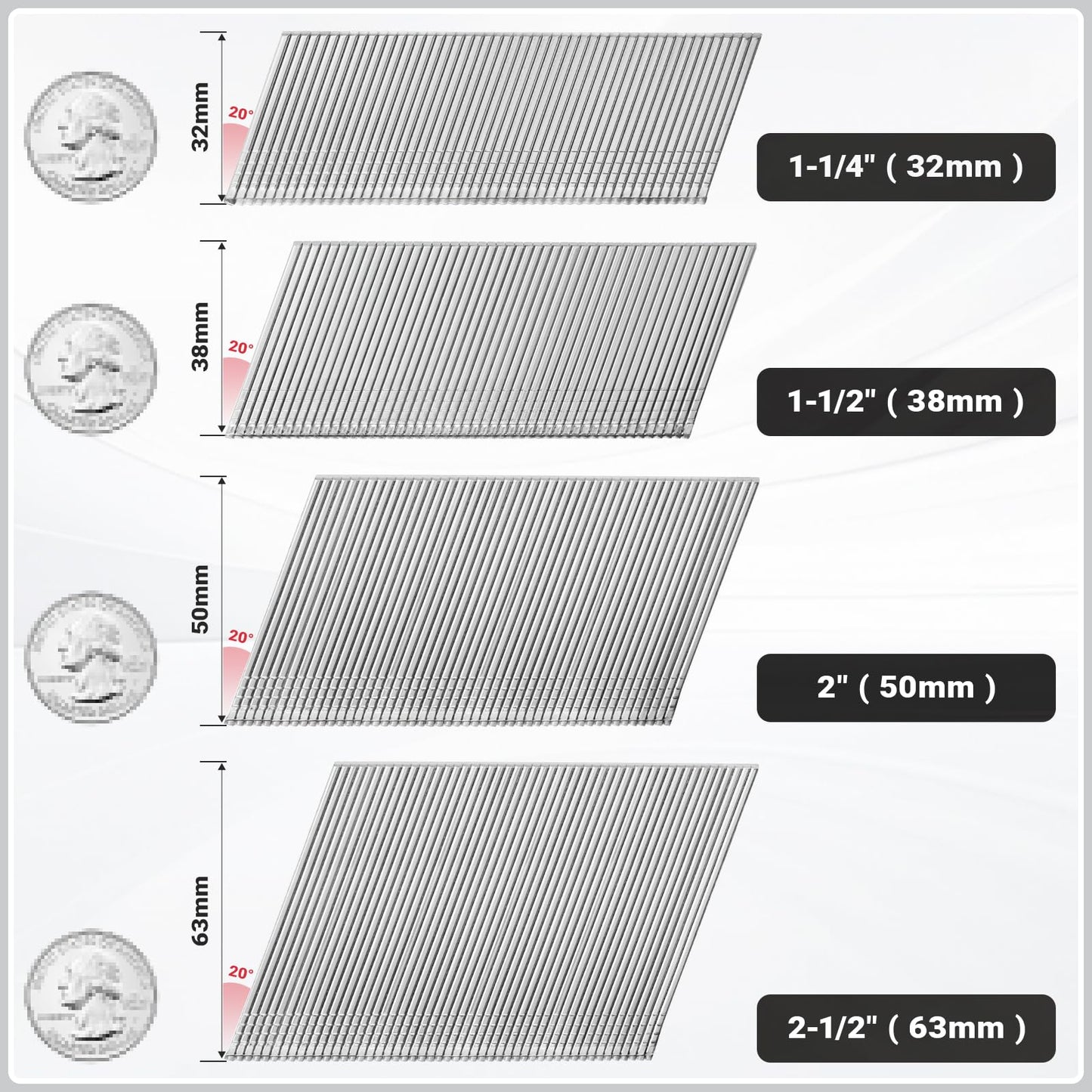 16 Gauge Angled Finish Nails 1-1/4 Inch (32mm) 20-Degree Stainless Steel Finishing Nails for Nail Guns - No Rust, Ideal for Trim Work and Furniture Assembly (4 Boxes, 8,000 PCS)