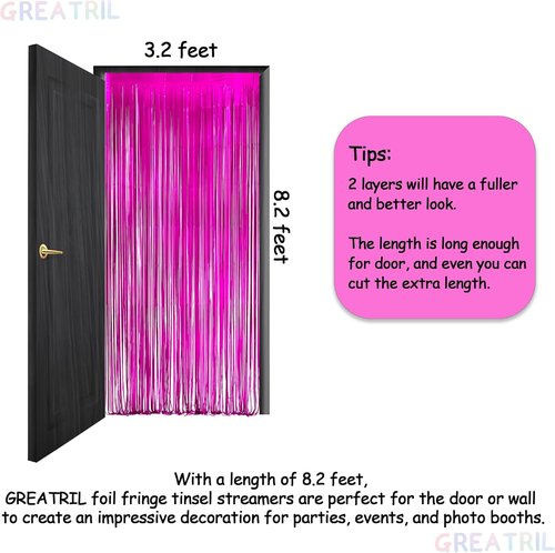 GREATRIL Shiny Fuchsia Tinsel Foil Fringe Curtain - Hot Pink Party Streamers Backdrop - 3.2ft X 8.2ft | 2 Packs