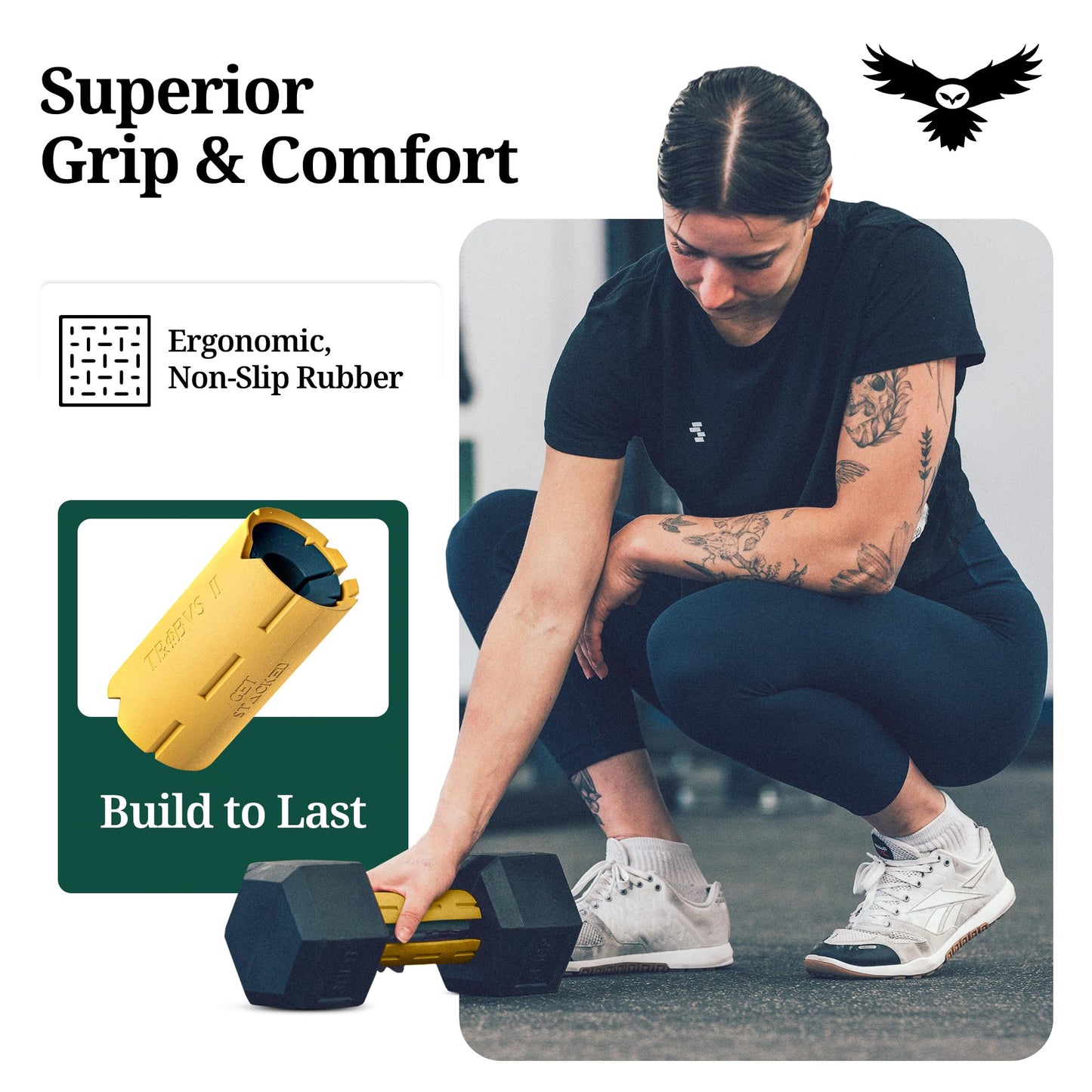 Tribus 2-in-1 Thick Grips for Dumbbells & Barbells (2.05" & 2.44”) — Thick Grips for Dumbbells Bars & Fitness Equipment — For Grip Strength & Arm Training, Non-Slip Heavy Duty Rubber