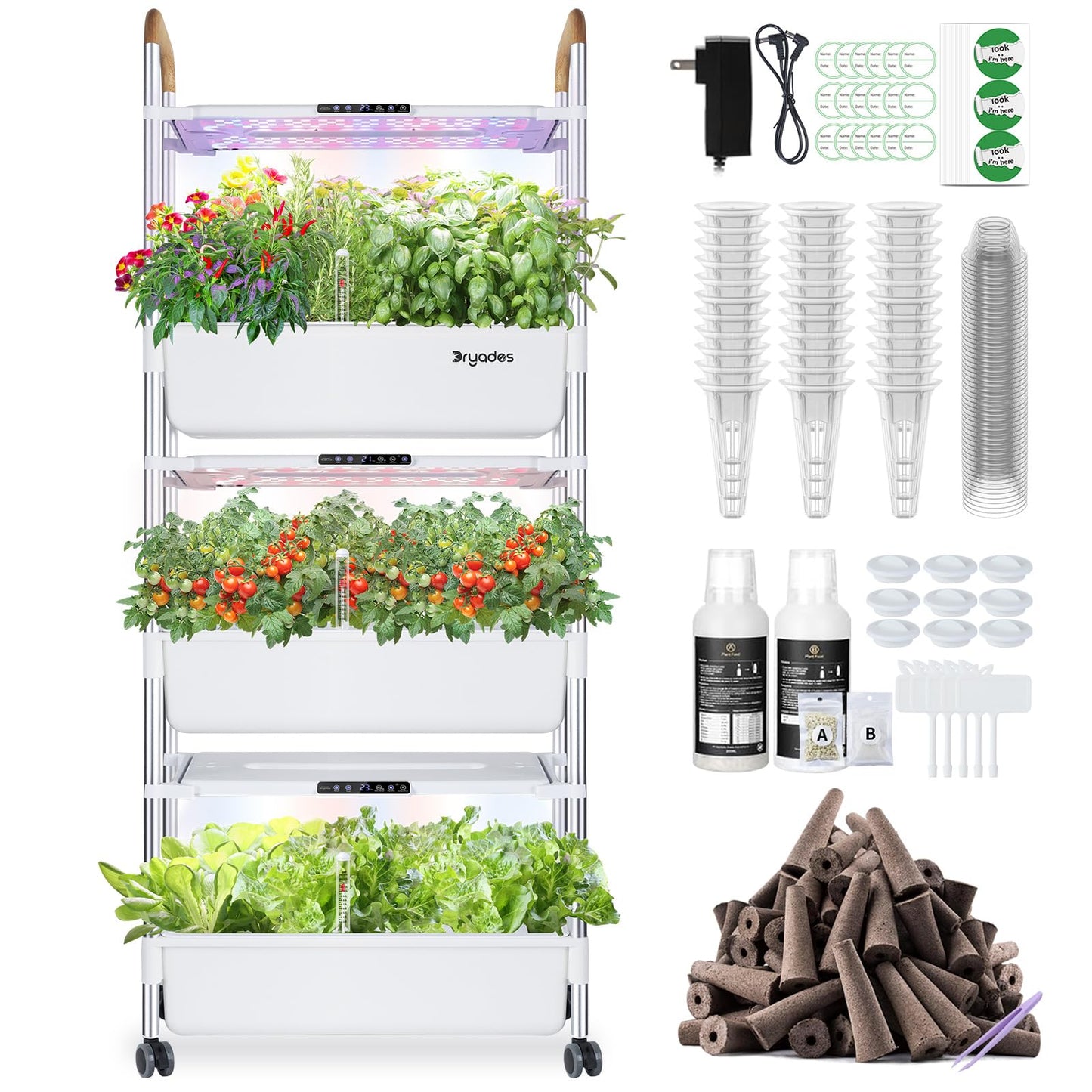 DRYADES Indoor Hydroponic Growing System with 81 Pods Herbs Garden Kit with 30W Led Grow Light Large Movable 3-Layer Floor-Standing Hydroponic Gardening System for Vegetable Fruit