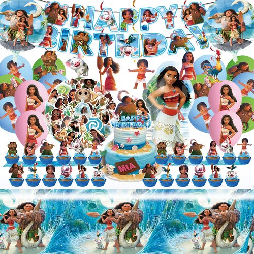 Moana Birthday Party Supplies, 104PCS Birthday Party Decorations Set Include Banner, Balloons, Stickers, Hanging Swirls, Cake Cupcake Toppers, Tablecloth for Moana Party Decorations