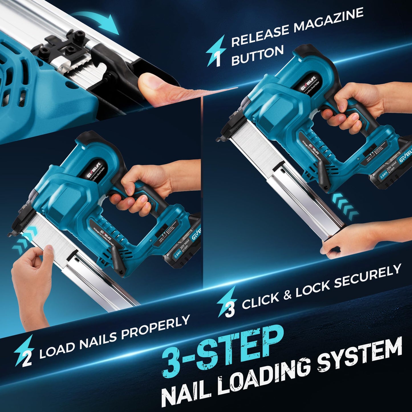 GEVEELIFE Cordless 2" Brad Nailer, 2-in-1 20V Nail Gun Cordless with 2×2.0Ah Batteries, 18GA Nail Gun & Staple Gun,1000pcs Nails, Adjustable Depth, 2 Modes for Wood Carpentry