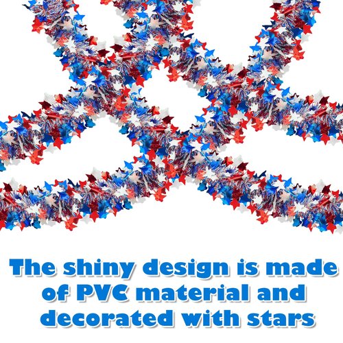 52 FT Patriotic Tinsel Garland, Memorial Day Decorations Red White and Blue Garland 4th of July Star Metallic Tinsel for Independence Day Home Car Bike Decor Accessories