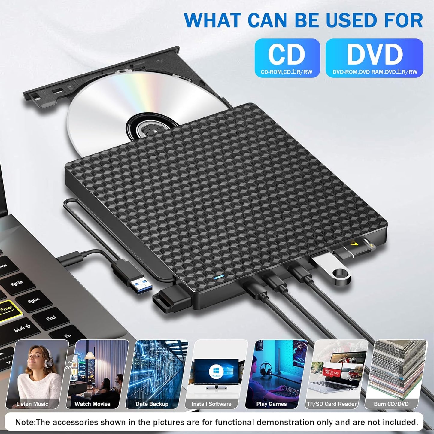 Kadlun 3.0 Drive,4 2 11/10/8/7/XP External CD DVD Drive for Laptop, USB Optical Disc USB Ports and TF/SD Card