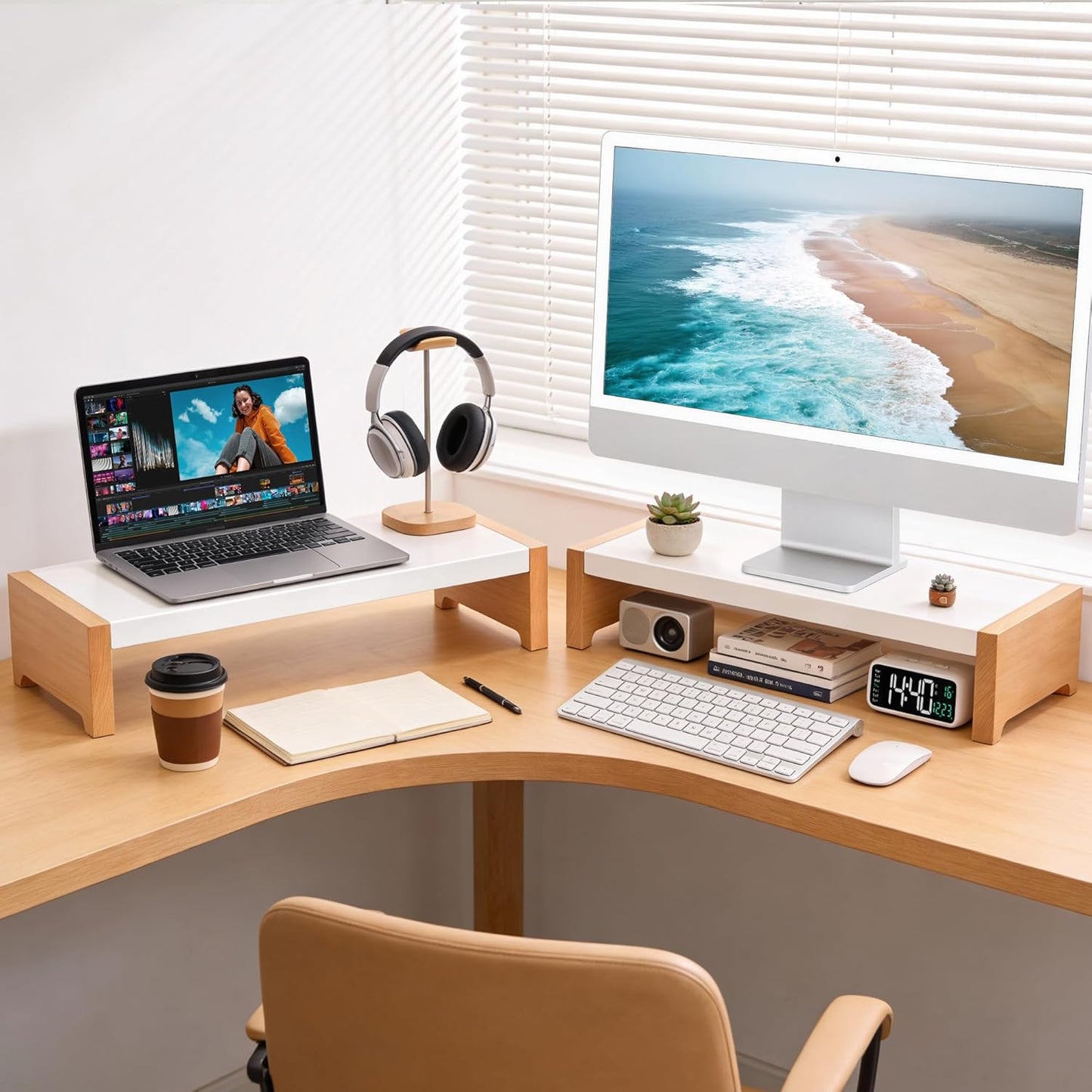 40LB ARCOBIS Monitor Stand Riser, White Metal & Wood Computer Monitor Stand Riser for Desk, Max Load Capacity