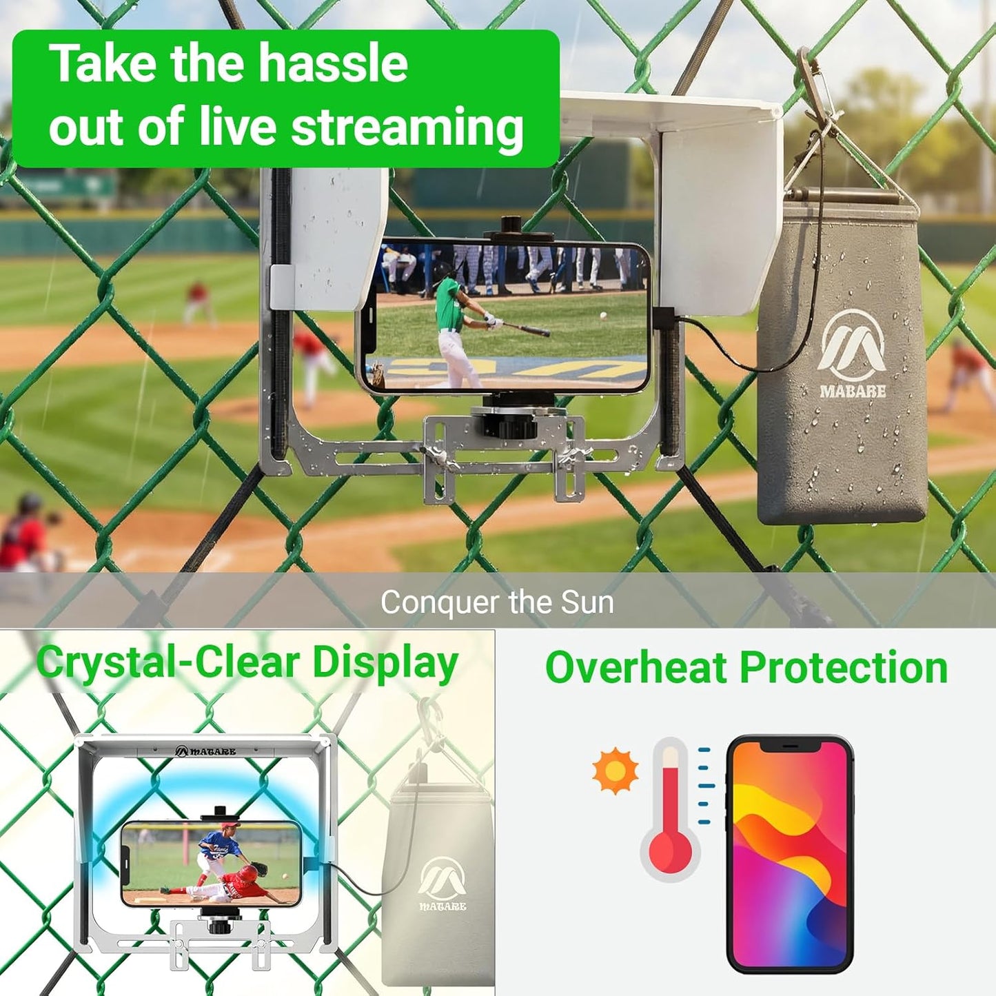 Matare Cell Phone Fence Mount with Shade, Game Changer Mounting Kit, Gamechanger Streaming kit Works with iPhone, Mevo