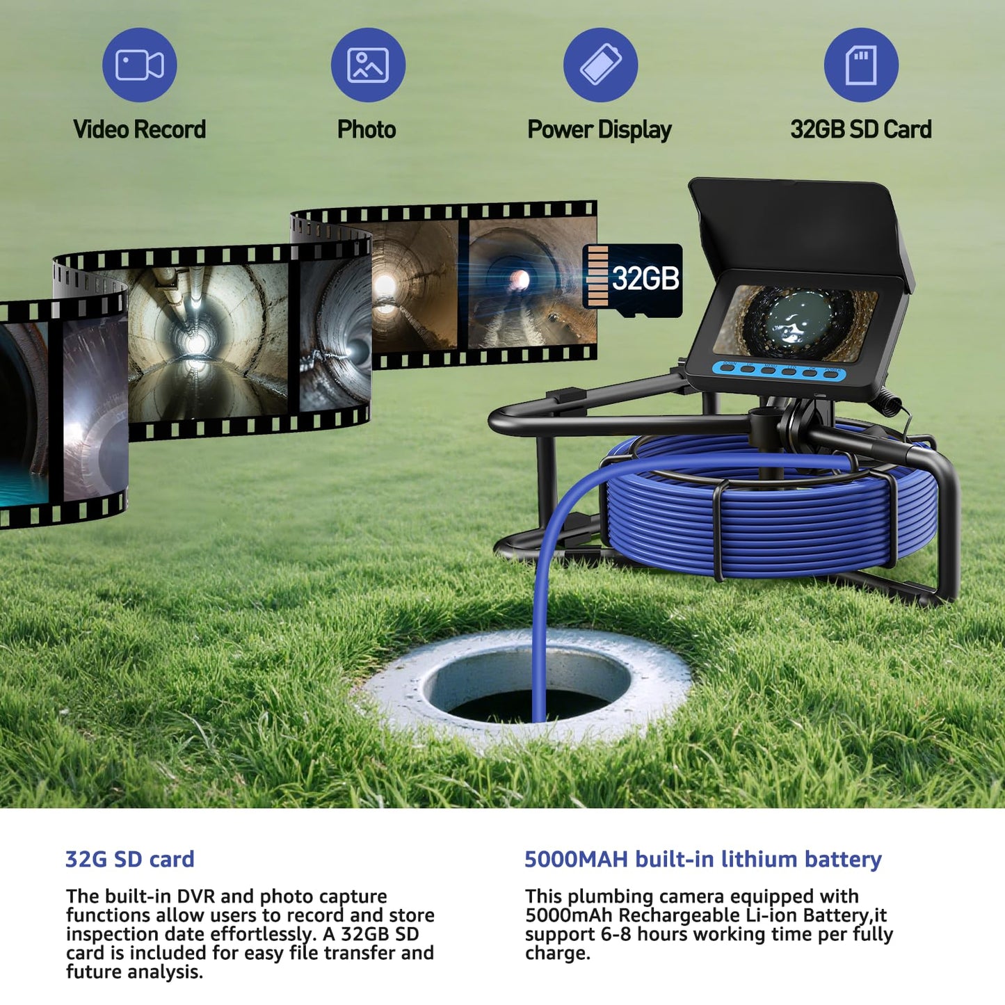 Sewer Camera 100FT/30M, Drain Camera with Light, Plumbing Snake Cam with DVR Pipe Video Inspection,5" Color HD Duct Chimney Sewer Inspection Cam for Sewer Line, Drain, Duct, Plumbing