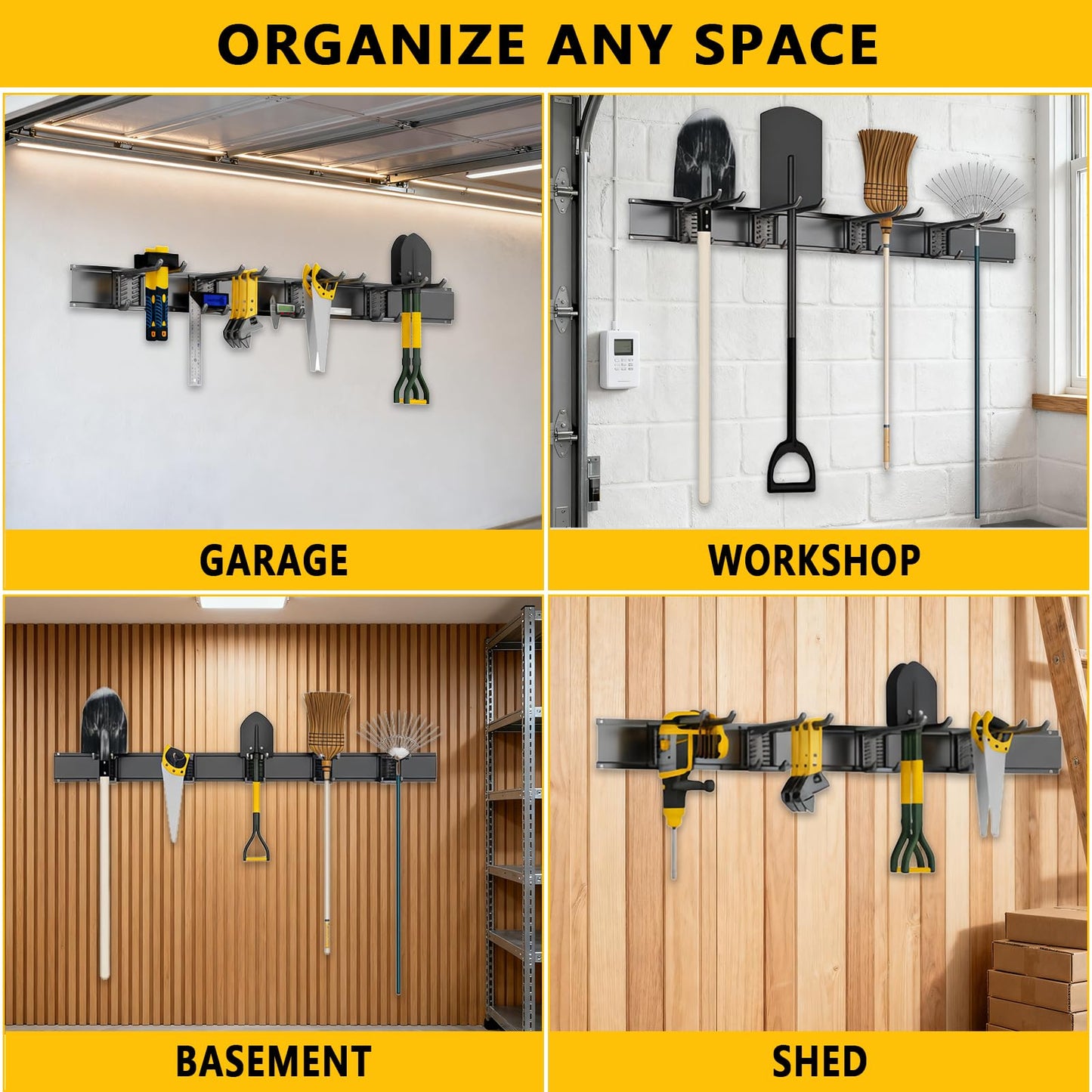 Tebgeag Garage Tool Organizer Wall Mount, 48inch Heavy-Duty Garage Storage System and Garden Tool Organizer with 6 Adjustable Double Hooks for Shovel, Snowboard, Yard Tools and Shed