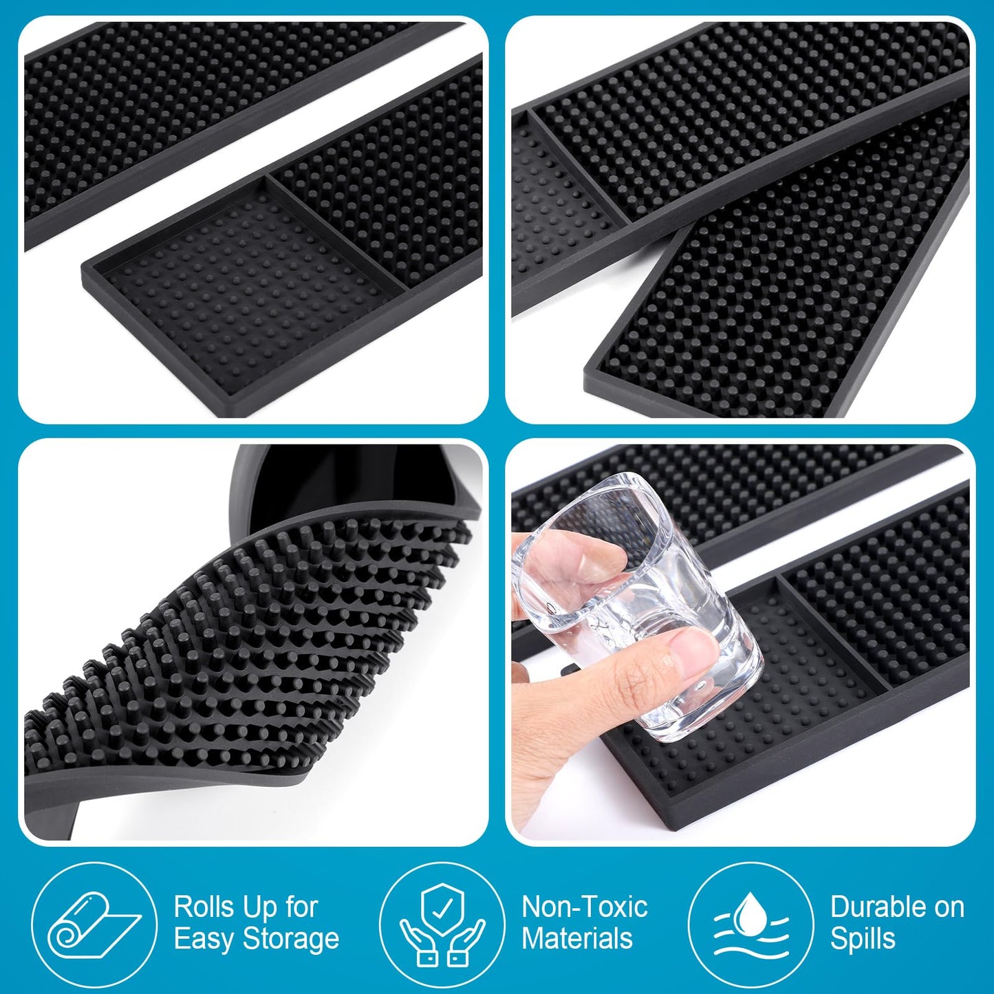 Jingmore 4 Pcs Thick Rubber Bar Mats for Bartending, Durable Non-slip Spill Mat for Countertop, Home Kitchen, Coffee Bars, and Restaurants Accessories, Black(24" X 12"+18" X 12"+24" X 3"+12" X 6")