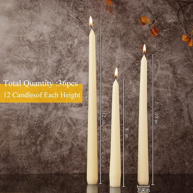 MTLEE Multi Height Beige Taper Candles - Unscented, 8/10/12 Inch, 8 Hour Burn Time, Perfect for Dinner Parties & Home Decoration (36 Pack)