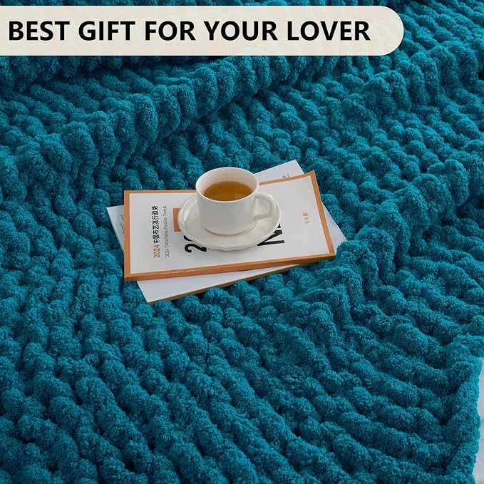 L'AGRATY Chunky Knit Blanket Throw: 60''x80'' Chenille Chunky Knitted Throw Blanket for Bed Couch - Handmade Thick Big Cable Knit Blanket - Large Crochet Rope Blankets for Home Decor(Teal)