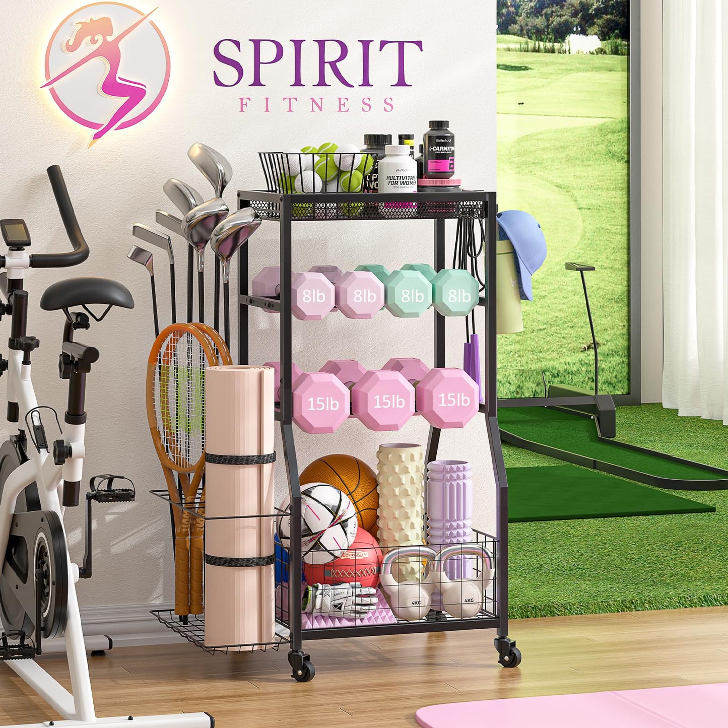 ThreeHio Home Gym Storage Rack, Dumbbell Rack with Yoga Mat Storage, Weight Rack Stand with Lockable Wheels and Hooks, Home Workout Equipment Organizer for Yoga, Dumbbell, Kettlebells, Ball Storage